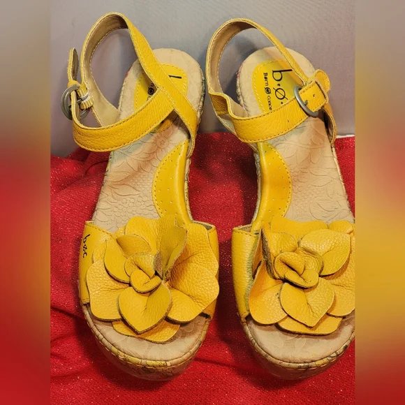 Boc Born 7 Concept Leather Yellow Slingback Floral Cork Wedge Flower Sandal - Picture 5 of 11